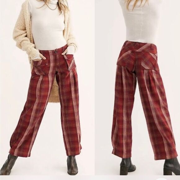 New Free People Birch Wide Leg Pant Plaid Red  Pleating Oversize Pockets size 0 - Picture 1 of 9